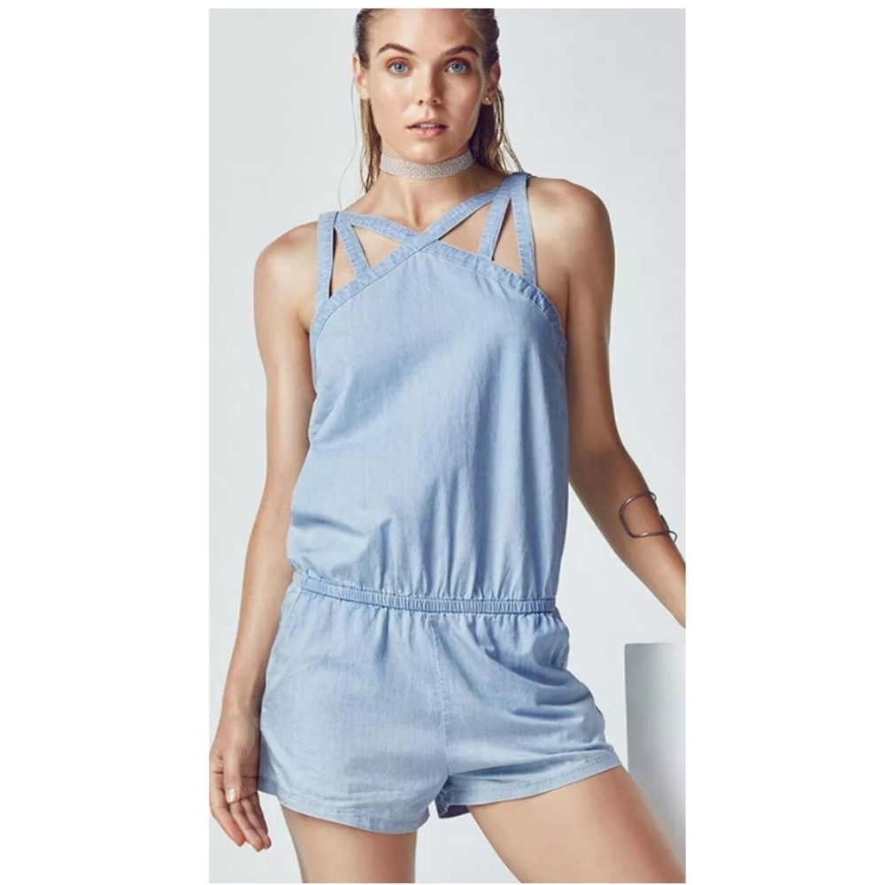 Fabletics Liza Chambray Romper Blue Strappy Back Summer Boho,100% cotton size S